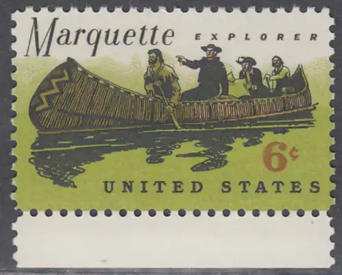 USA Michel 0964 / Scott 1356 postfrisch EINZELMARKE RAND unten - Jacques Marquette, französischer Jesuitenpater und Forscher, mit seinem Begleiter Louis Joliet im Indianderkanu auf dem Mississipi