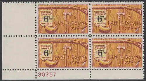 USA Michel 0965 / Scott 1357 postfrisch PLATEBLOCK ECKRAND unten links m/ Platten-# 30257 - Amerikanische Folklore: Daniel Boone; nordamerikanischer Grenzer und Pionier