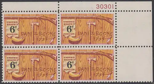 USA Michel 0965 / Scott 1357 postfrisch PLATEBLOCK ECKRAND oben rechts m/ Platten-# 30301 - Amerikanische Folklore: Daniel Boone; nordamerikanischer Grenzer und Pionier