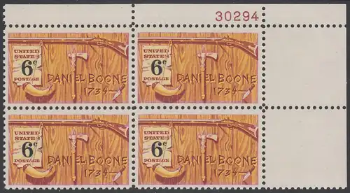 USA Michel 0965 / Scott 1357 postfrisch PLATEBLOCK ECKRAND oben rechts m/ Platten-# 30294 (a) - Amerikanische Folklore: Daniel Boone; nordamerikanischer Grenzer und Pionier