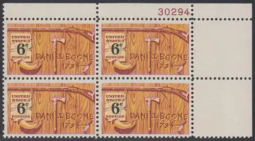 USA Michel 0965 / Scott 1357 postfrisch PLATEBLOCK ECKRAND oben rechts m/ Platten-# 30294 (b) - Amerikanische Folklore: Daniel Boone; nordamerikanischer Grenzer und Pionier