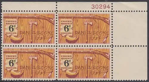 USA Michel 0965 / Scott 1357 postfrisch PLATEBLOCK ECKRAND oben rechts m/ Platten-# 30294 (c) - Amerikanische Folklore: Daniel Boone; nordamerikanischer Grenzer und Pionier