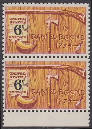 USA Michel 0965 / Scott 1357 postfrisch vert.PAAR RAND unten - Amerikanische Folklore: Daniel Boone; nordamerikanischer Grenzer und Pionier