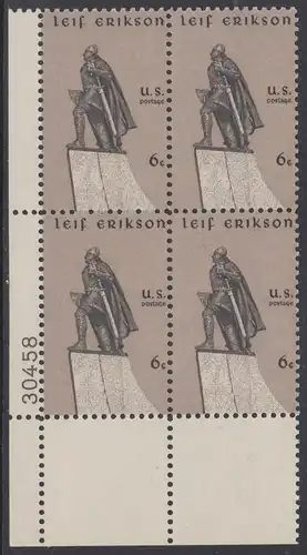 USA Michel 0967 / Scott 1359 postfrisch PLATEBLOCK ECKRAND unten links m/ Platten-# 30458 - Leif Erikson, norwegischer Seefahrer, erster Entdecker Amerikas (1003)