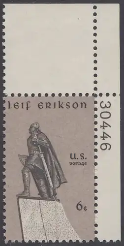 USA Michel 0967 / Scott 1359 mit Falzrest EINZELMARKE ECKRAND oben rechts m/ Platten-# 30446 - Leif Erikson, norwegischer Seefahrer, erster Entdecker Amerikas (1003)