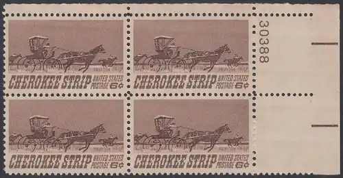 USA Michel 0968 / Scott 1360 postfrisch PLATEBLOCK ECKRAND oben rechts m/ Platten-# 30388 - 75. Jahrestag des „Cherokee Strip Land Run“; Rennen der „Homesteaders“ im ehemaligen Gebiet der Cherokesen-Indianer (16. 9. 1893)