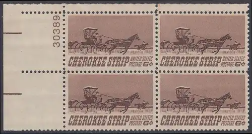 USA Michel 0968 / Scott 1360 postfrisch PLATEBLOCK ECKRAND oben links m/ Platten-# 30389 - 75. Jahrestag des „Cherokee Strip Land Run“; Rennen der „Homesteaders“ im ehemaligen Gebiet der Cherokesen-Indianer (16. 9. 1893)