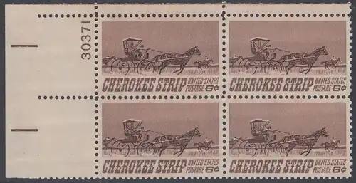 USA Michel 0968 / Scott 1360 postfrisch PLATEBLOCK ECKRAND oben links m/ Platten-# 30371 - 75. Jahrestag des „Cherokee Strip Land Run“; Rennen der „Homesteaders“ im ehemaligen Gebiet der Cherokesen-Indianer (16. 9. 1893)