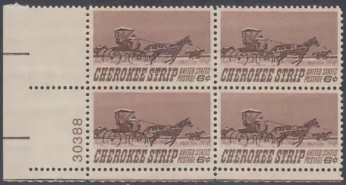 USA Michel 0968 / Scott 1360 postfrisch PLATEBLOCK ECKRAND unten links m/ Platten-# 30388 - 75. Jahrestag des „Cherokee Strip Land Run“; Rennen der „Homesteaders“ im ehemaligen Gebiet der Cherokesen-Indianer (16. 9. 1893)