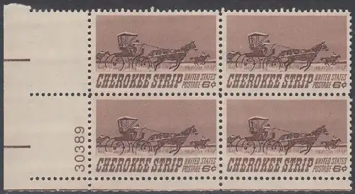 USA Michel 0968 / Scott 1360 postfrisch PLATEBLOCK ECKRAND unten links m/ Platten-# 30389 - 75. Jahrestag des „Cherokee Strip Land Run“; Rennen der „Homesteaders“ im ehemaligen Gebiet der Cherokesen-Indianer (16. 9. 1893)