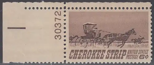 USA Michel 0968 / Scott 1360 postfrisch EINZELMARKE ECKRAND oben links m/ Platten-# 30372 - 75. Jahrestag des „Cherokee Strip Land Run“; Rennen der „Homesteaders“ im ehemaligen Gebiet der Cherokesen-Indianer (16. 9. 1893)