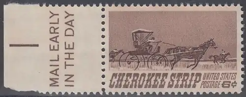 USA Michel 0968 / Scott 1360 postfrisch EINZELMARKE RAND links m/ Mail Early-Emblem  - 75. Jahrestag des „Cherokee Strip Land Run“; Rennen der „Homesteaders“ im ehemaligen Gebiet der Cherokesen-Indianer (16. 9. 1893)