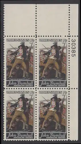 USA Michel 0969 / Scott 1361 postfrisch PLATEBLOCK ECKRAND oben rechts m/ Platten-# 30385 - John Trumbull, Maler; Die Schlacht von Bunker’s Hill, Detail „Tod von General Warren“