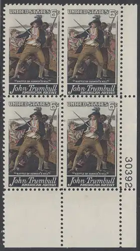 USA Michel 0969 / Scott 1361 postfrisch PLATEBLOCK ECKRAND unten rechts m/ Platten-# 30392 - John Trumbull, Maler; Die Schlacht von Bunker’s Hill, Detail „Tod von General Warren“