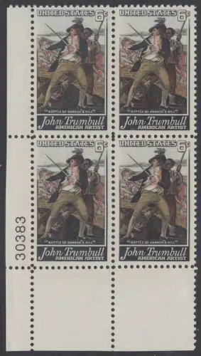 USA Michel 0969 / Scott 1361 postfrisch PLATEBLOCK ECKRAND unten links m/ Platten-# 30383 - John Trumbull, Maler; Die Schlacht von Bunker’s Hill, Detail „Tod von General Warren“