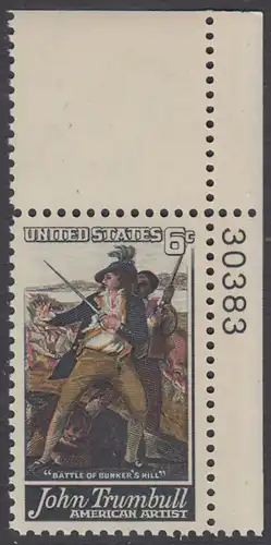 USA Michel 0969 / Scott 1361 postfrisch EINZELMARKE ECKRAND oben rechts m/ Platten-# 30383 - John Trumbull, Maler; Die Schlacht von Bunker’s Hill, Detail „Tod von General Warren“