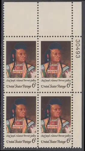 USA Michel 0973 / Scott 1364 postfrisch PLATEBLOCK ECKRAND oben rechts m/ Platten-# 30493 - Amerikanische Indianer, Eröffnung der National-Portrait-Galerie, Washington, DC;  Stammeshäuptling Joseph, genannt „Donner der Berge“ der Nez-Percé-Krieger