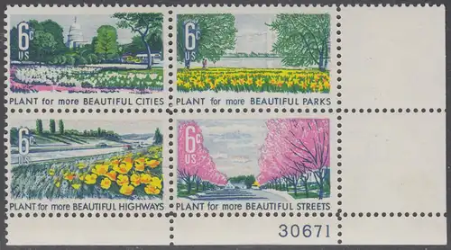 USA Michel 0975-0978 / Scott 1365-1368 postfrisch PLATEBLOCK ECKRAND unten rechts m/ Platten-# 30671 - Verschönerung Amerikas