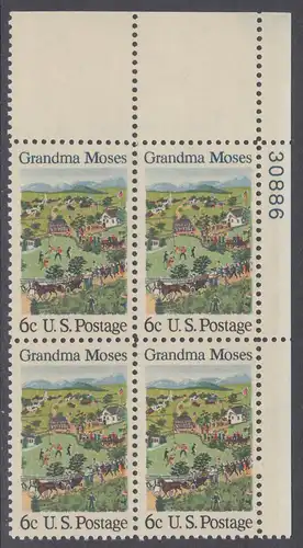 USA Michel 0980 / Scott 1370 postfrisch PLATEBLOCK ECKRAND oben rechts m/ Platten-# 30886 - Amerikanische Folklore: Grandma Moses; Anna Mary Moses, genannt Grandma Moses, Farmersfrau und Laienmalerin