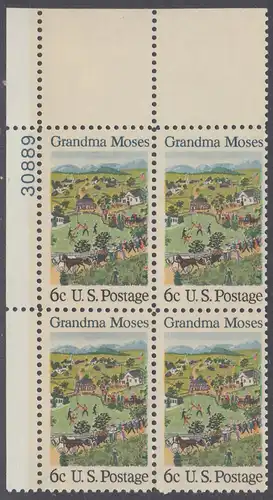 USA Michel 0980 / Scott 1370 postfrisch PLATEBLOCK ECKRAND oben links m/ Platten-# 30889 - Amerikanische Folklore: Grandma Moses; Anna Mary Moses, genannt Grandma Moses, Farmersfrau und Laienmalerin