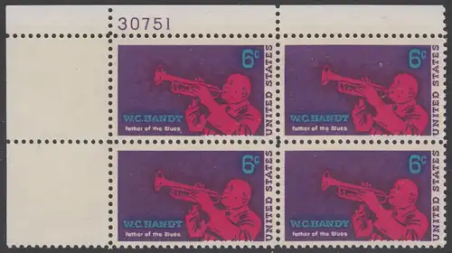 USA Michel 0982 / Scott 1372 postfrisch PLATEBLOCK ECKRAND oben links m/ Platten-# 30751 - William Christopher Handy; Komponist und Jazz-Musiker, Schöpfer des „Blues“ 