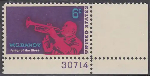 USA Michel 0982 / Scott 1372 postfrisch EINZELMARKE ECKRAND unten rechts m/ Platten-# 30714 - William Christopher Handy; Komponist und Jazz-Musiker, Schöpfer des „Blues“ 