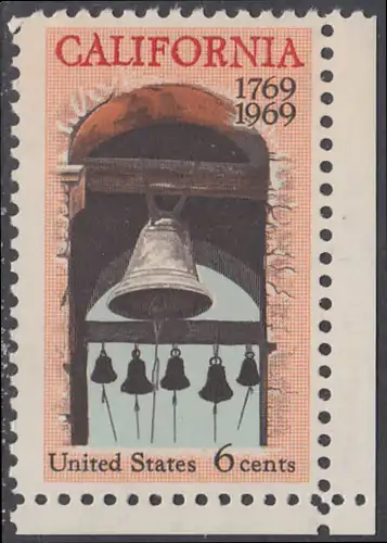 USA Michel 0983 / Scott 1373 postfrisch EINZELMARKE ECKRAND unten rechts - Besiedelung von Kalifornien; Glockenturm der Carmel-Mission