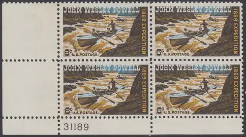 USA Michel 0984 / Scott 1374 postfrisch PLATEBLOCK ECKRAND unten links m/ Platten-# 31189 - 100. Jahrestag der Colorado-River-Expedition von John Wesley Powell; Geologe