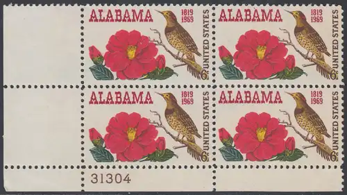 USA Michel 0985 / Scott 1375 postfrisch PLATEBLOCK ECKRAND unten links m/ Platten-# 31304 - 150 Jahre Staat Alabama; Kamelie, Staatsblume von Alabama und Goldspecht