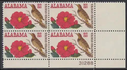 USA Michel 0985 / Scott 1375 postfrisch PLATEBLOCK ECKRAND unten rechts m/ Platten-# 31288 - 150 Jahre Staat Alabama; Kamelie, Staatsblume von Alabama und Goldspecht