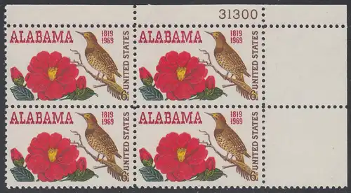 USA Michel 0985 / Scott 1375 postfrisch PLATEBLOCK ECKRAND oben rechts m/ Platten-# 31300 - 150 Jahre Staat Alabama; Kamelie, Staatsblume von Alabama und Goldspecht