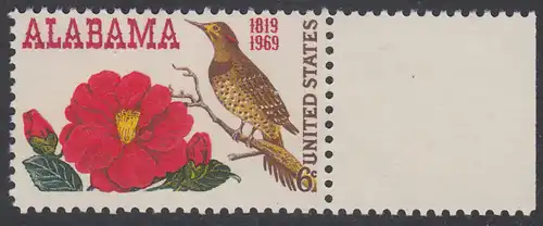 USA Michel 0985 / Scott 1375 postfrisch EINZELMARKE RAND rechts - 150 Jahre Staat Alabama; Kamelie, Staatsblume von Alabama und Goldspecht