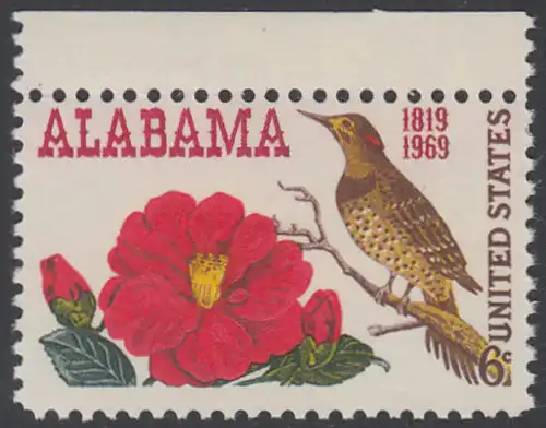 USA Michel 0985 / Scott 1375 postfrisch EINZELMARKE RAND oben - 150 Jahre Staat Alabama; Kamelie, Staatsblume von Alabama und Goldspecht