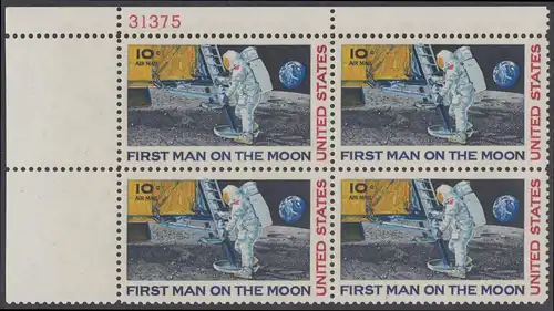 USA Michel 0990 / Scott C076 postfrisch PLATEBLOCK ECKRAND oben links m/ Platten-# 31375 - Erste bemannte Mondlandung; Astronaut Neil Armstrong betritt als erster Mensch den Mond