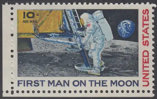 USA Michel 0990 / Scott C076 postfrisch EINZELMARKE ECKRAND unten links - Erste bemannte Mondlandung; Astronaut Neil Armstrong betritt als erster Mensch den Mond