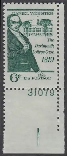 USA Michel 0991 / Scott 1380 postfrisch EINZELMARKE ECKRAND unten rechts m/ Platten-# 31079 - 150. Jahrestag des erfolgreichen Abschlusses des Dartmouth-College-Prozesses durch Daniel Webster, Rechtsanwalt und Politiker