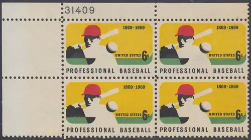 USA Michel 0992 / Scott 1381 postfrisch PLATEBLOCK ECKRAND oben links m/ Platten-# 31409 - 100 Jahre Profi-Baseball; Baseballspieler - Schlagmann