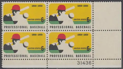 USA Michel 0992 / Scott 1381 postfrisch PLATEBLOCK ECKRAND unten rechts m/ Platten-# 31436 - 100 Jahre Profi-Baseball; Baseballspieler - Schlagmann