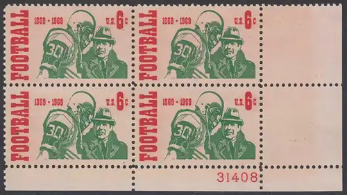 USA Michel 0993 / Scott 1382 postfrisch PLATEBLOCK ECKRAND unten rechts m/ Platten-# 31408 - 100 Jahre College-Football-Meisterschaften; Footballspieler mit Trainer