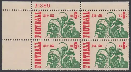 USA Michel 0993 / Scott 1382 postfrisch PLATEBLOCK ECKRAND oben links m/ Platten-# 31389 - 100 Jahre College-Football-Meisterschaften; Footballspieler mit Trainer