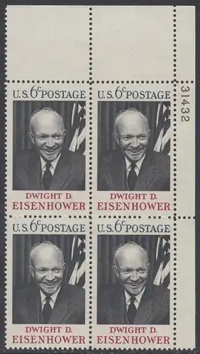 USA Michel 0994 / Scott 1383 postfrisch PLATEBLOCK ECKRAND oben rechts m/ Platten-# 31432 - Tod von Dwight David Eisenhower; 34. Präsident