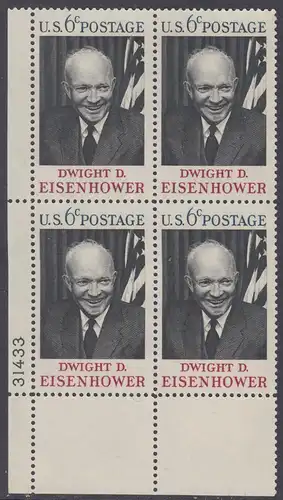 USA Michel 0994 / Scott 1383 postfrisch PLATEBLOCK ECKRAND unten links m/ Platten-# 31433 - Tod von Dwight David Eisenhower; 34. Präsident