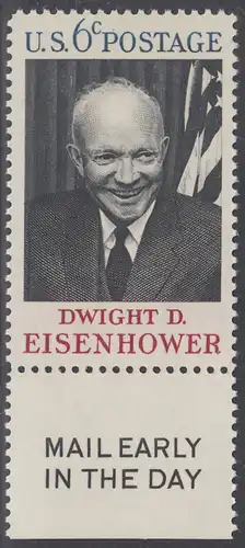 USA Michel 0994 / Scott 1383 postfrisch EINZELMARKE RAND unten m/ Mail Early-Emblem - Tod von Dwight David Eisenhower; 34. Präsident