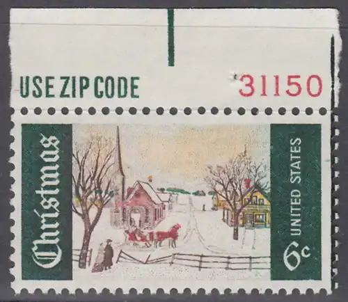 USA Michel 0995 / Scott 1384 postfrisch EINZELMARKE RAND oben m/ Platten-# 31150 - Weihnachten; Wintersonntag in Norway, ME