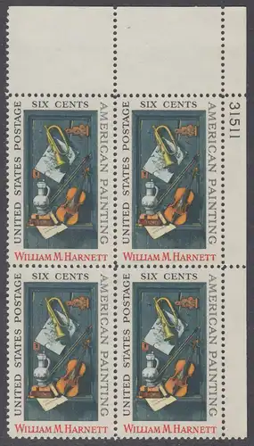 USA Michel 0998 / Scott 1386 postfrisch PLATEBLOCK ECKRAND oben rechts m/ Platten-# 31511 - William M. Harnett, Maler