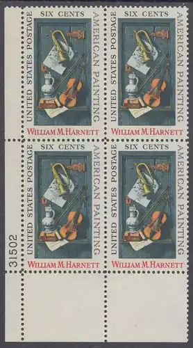 USA Michel 0998 / Scott 1386 postfrisch PLATEBLOCK ECKRAND unten links m/ Platten-# 31502 - William M. Harnett, Maler