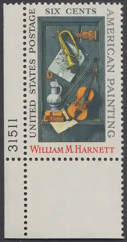 USA Michel 0998 / Scott 1386 mit Falzrest EINZELMARKE ECKRAND unten links m/ Platten-# 31511 - William M. Harnett, Maler