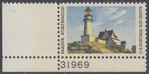 USA Michel 1003 / Scott 1391 postfrisch EINZELMARKE ECKRAND unten links m/ Platten-# 31969 - 150 Jahre Staat Maine; Leuchtturm in Two Lights, ME