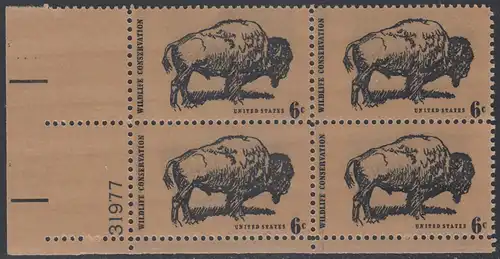 USA Michel 1004 / Scott 1392 postfrisch PLATEBLOCK ECKRAND unten links m/ Platten-# 31977 - Naturschutz: Bison