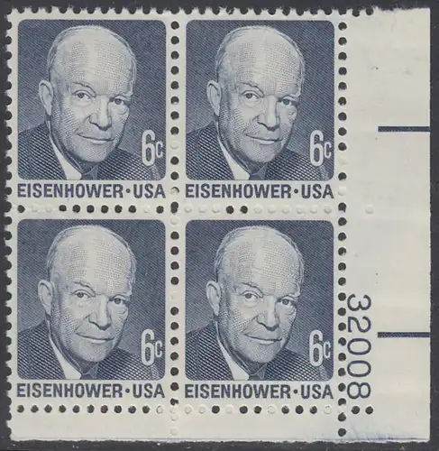 USA Michel 1005 / Scott 1393 postfrisch PLATEBLOCK ECKRAND unten rechts m/ Platten-# 32008 - Berühmte Amerikaner: Dwight David Eisenhower, 34. Präsident